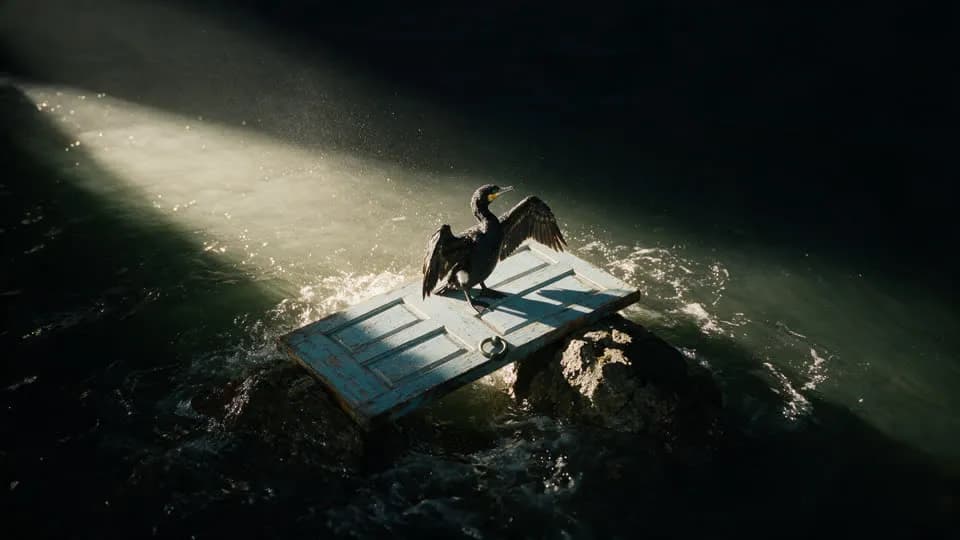 Le dernier passage, muet : le cormoran debout sur la porte. Image clé générée par IA.