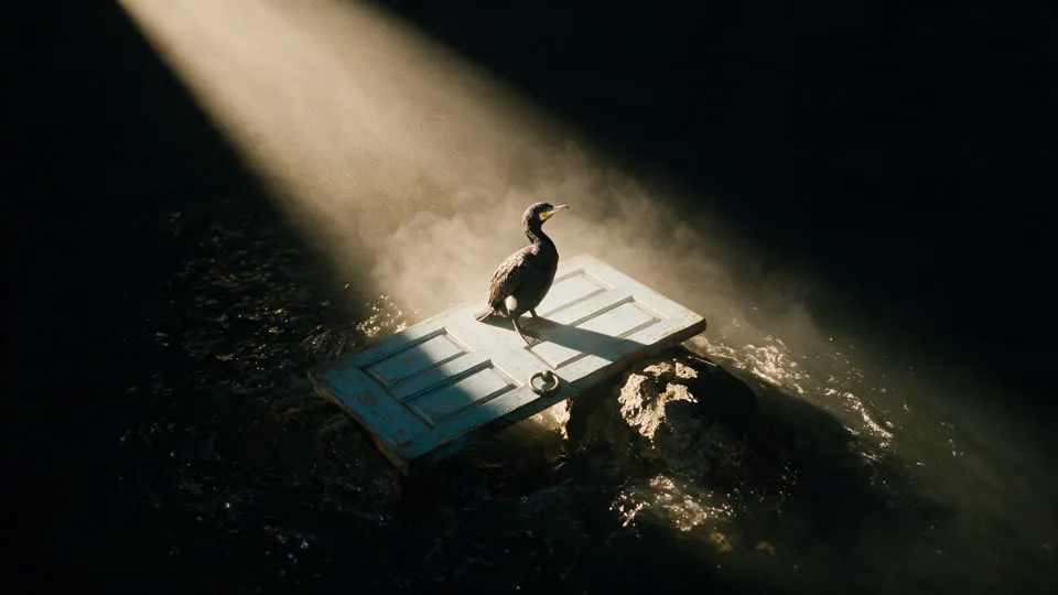 Premier passage du Brouillard : le cormoran sur sa porte dans une poche d’air clair. Image clé générée par IA.