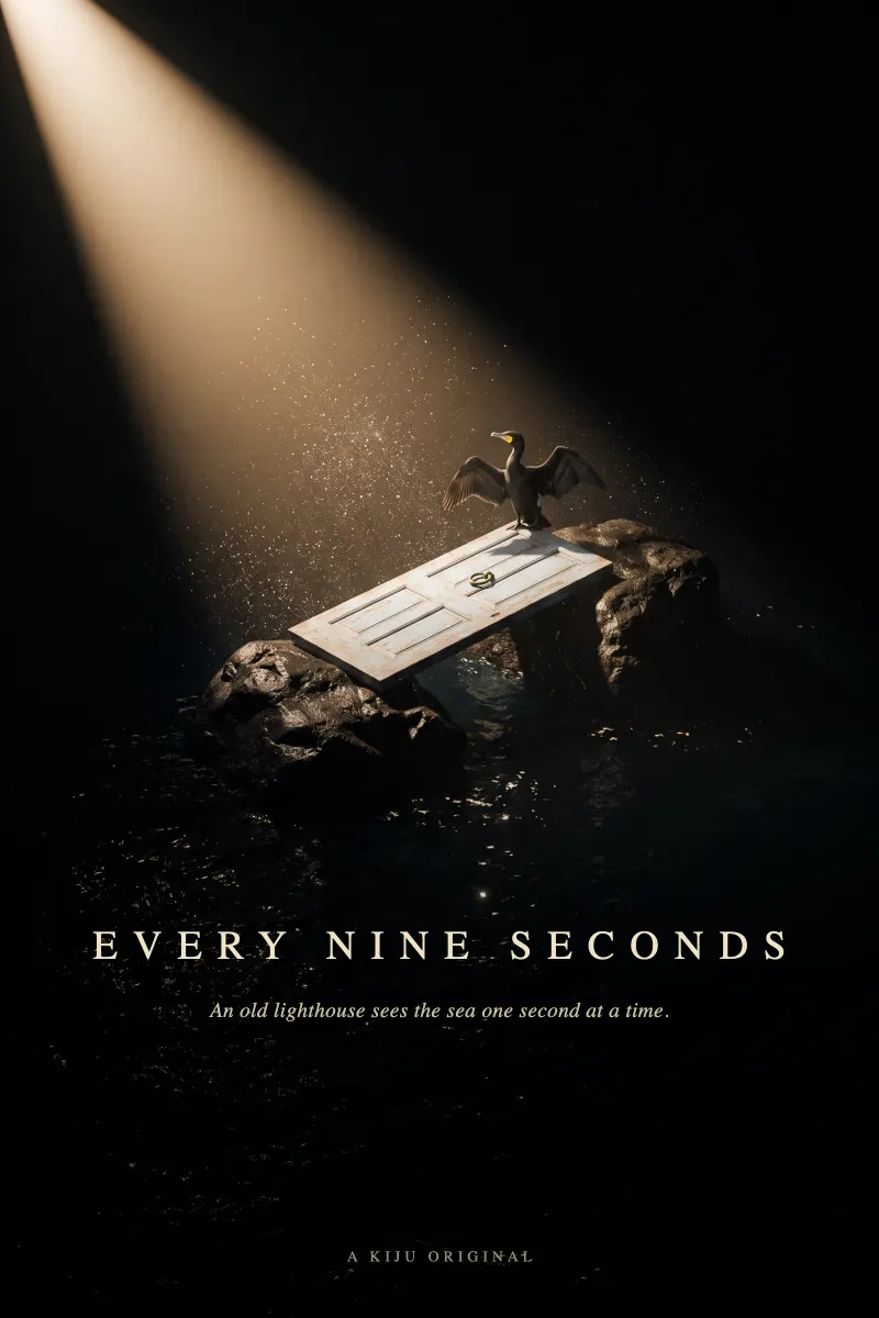Poster for Every Nine Seconds: the cormorant, the door and the lighthouse beam. AI-generated imagery.