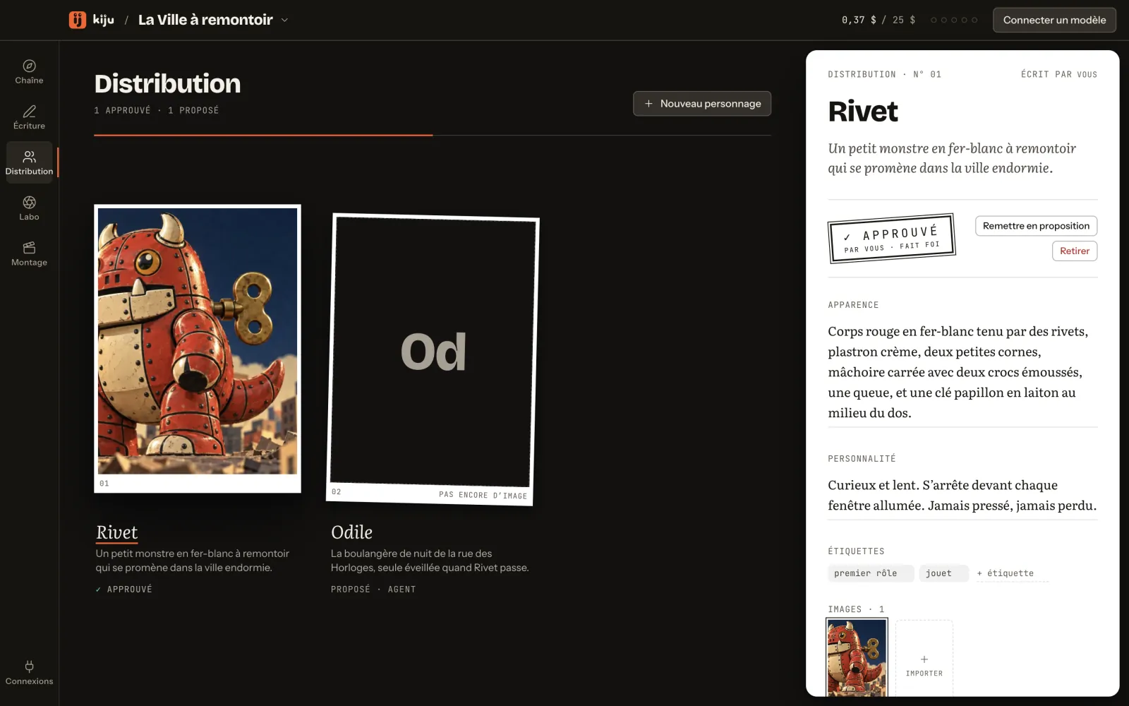 La Distribution : Rivet, approuvé, avec son portrait, et Odile, proposée ; l’apparence et le caractère de Rivet à droite