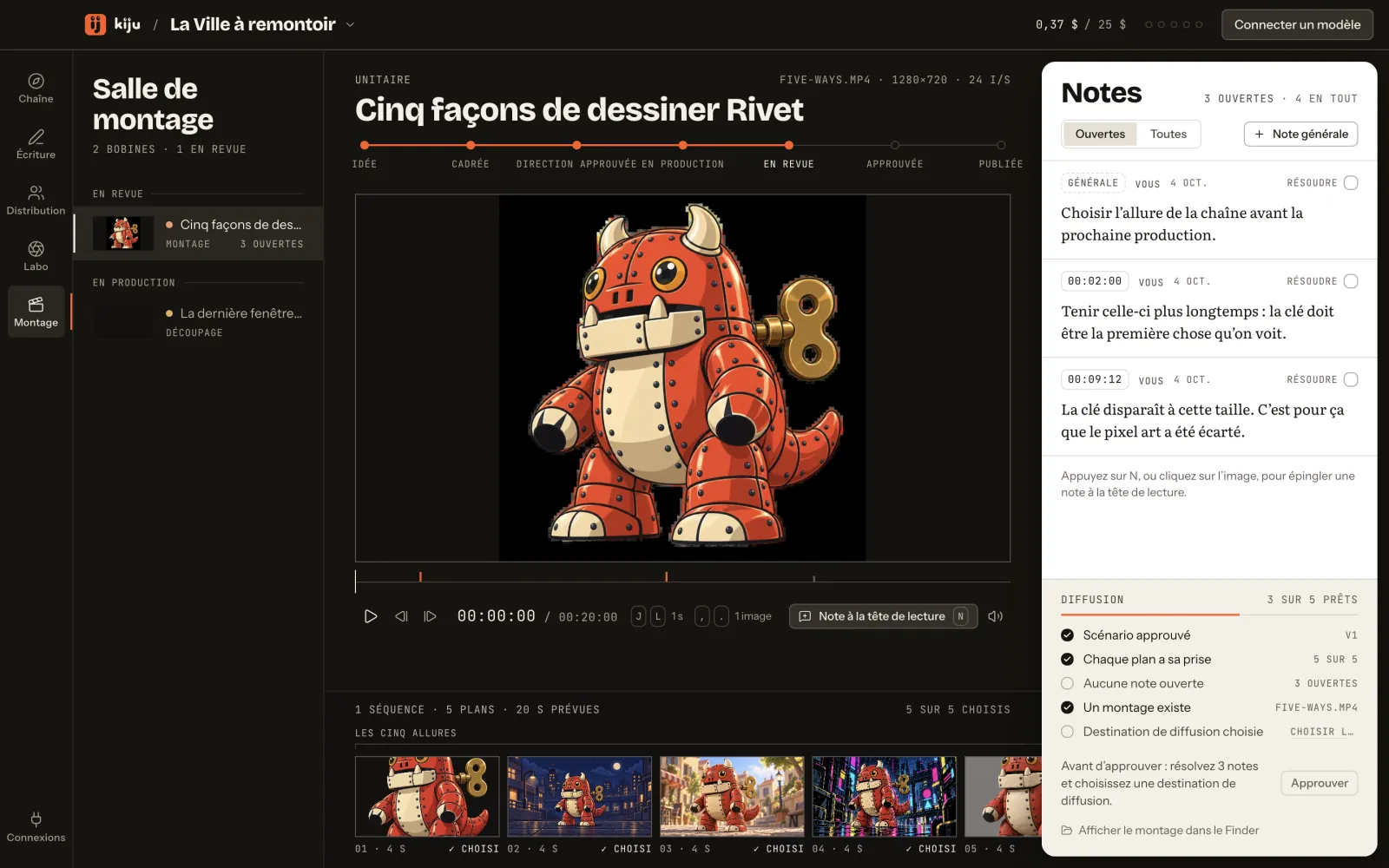 La salle de montage : « Cinq façons de dessiner Rivet » en revue, trois notes épinglées sur le temps, la liste de diffusion