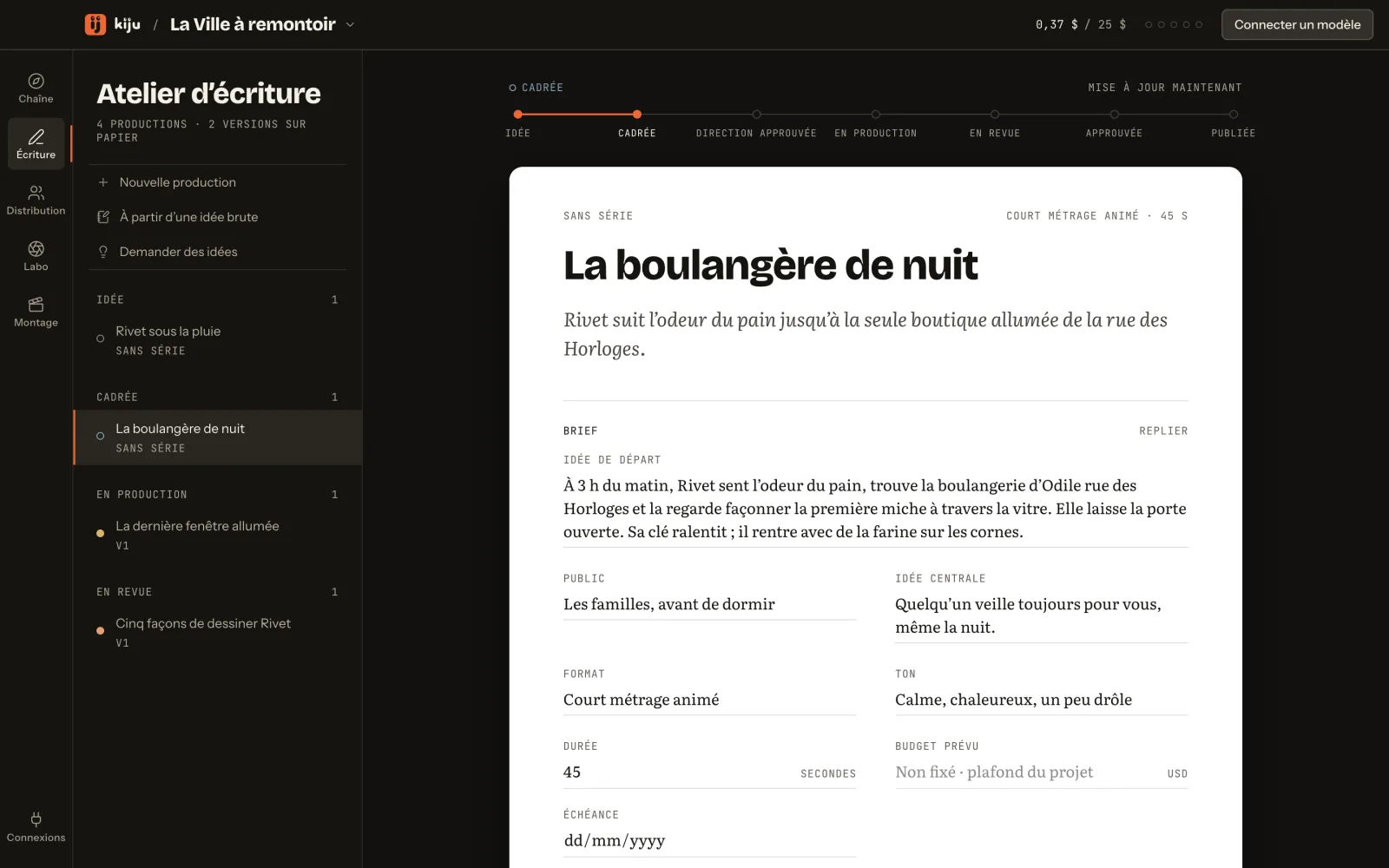 L’atelier d’écriture : quatre productions à gauche, « La boulangère de nuit » ouverte sur son brief