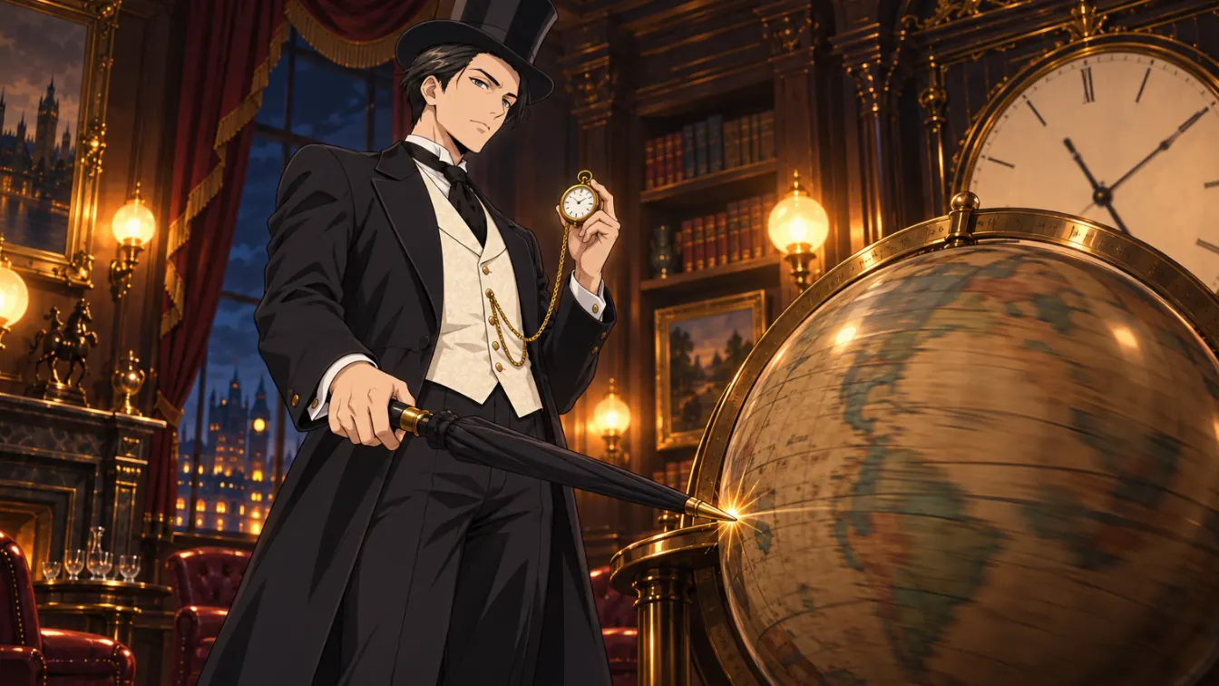 Phileas Fogg in a top hat, in a London club at night, stopping a spinning globe with the tip of his umbrella.