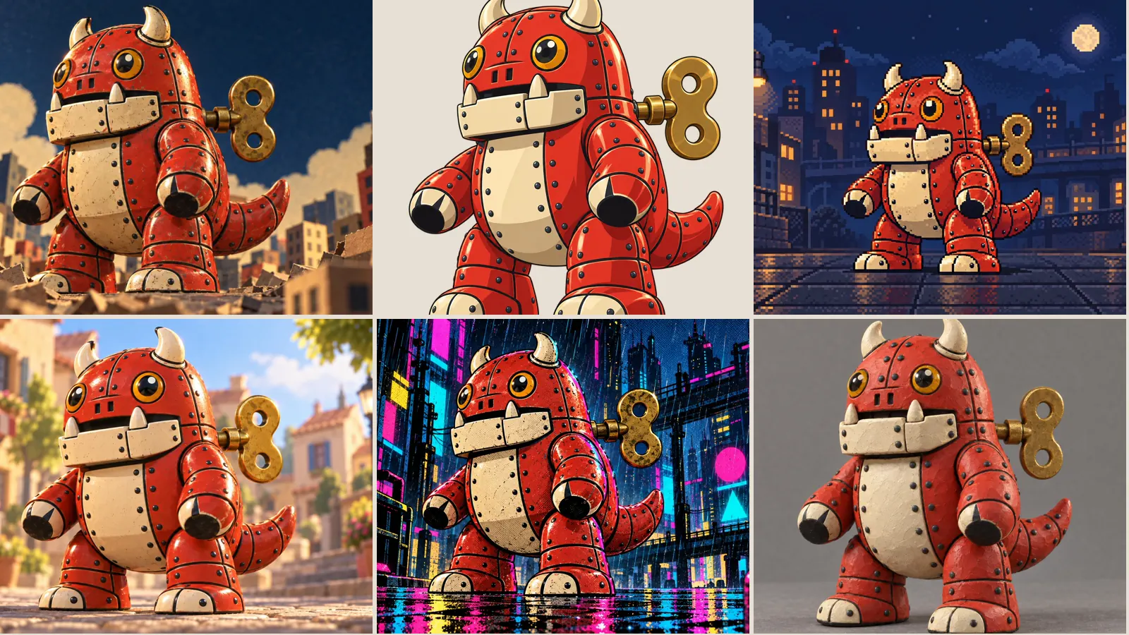 La mascotte en fer-blanc six fois — l’image de référence, puis shōnen, pixel art, cartoon, cyberpunk et pâte à modeler.